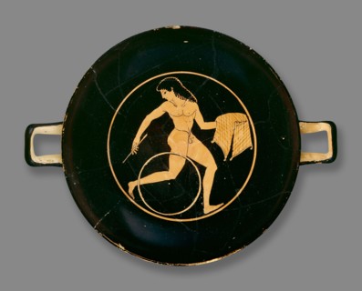 Attic red-figure cup (kylix) showing a boy running with a hoop, 6th-5th century BC. Artist: Colmar Painter.