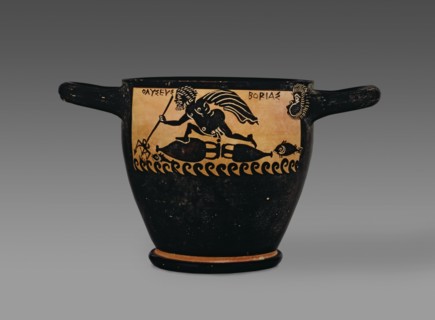 Boetian black-figure skyphos depicting Odysseus at sea and with Circe, 4th century BC. Artist: Cabirion Group.