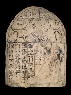 Limestone stela depicting the worship of the divine cats of Re and Atum, XIXth Dynasty (c1292-c1190  Artist: Unknown.