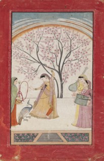 Lady on terrace with tree branch, peacock, maid, and two musicians, late 18th-early 19th century Artist: Unknown.