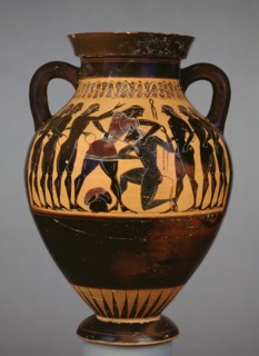 Attic black-figure amphora showing Theseus and the Minotaur on both sides, 6th century BC. Artist: Painter of Berlin 1686.