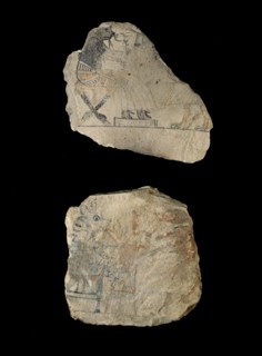 Limestone ostraca with humorous sketches in red and black ink, XIXth Dynasty (c1292 BC-c1190 BC). Artist: Unknown.