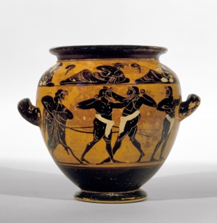 Athenian black-figure stamnos depicting athletes around belly of the vase and a symposium of men and Artist: Michigan Painter.