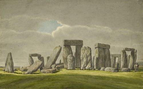Stonehenge from the S.E, showing stones in ruined state with 2 visitors, 1824-1839. Artist: Henry Browne.