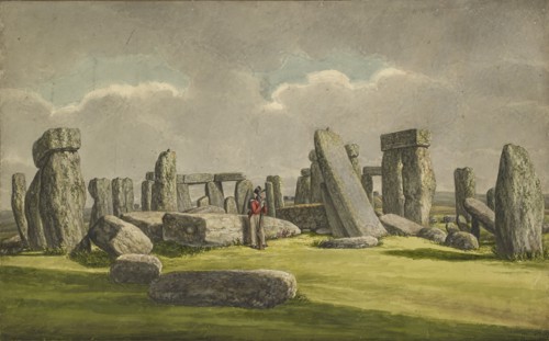 Stonehenge from the W.S.W., showing ruins with soldier, 1824-1839. Artist: Henry Browne.