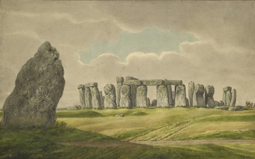 Stonehenge from the N.E., showing ruins and heel stone with cart, horse, person, 1824-1839. Artist: Henry Browne.