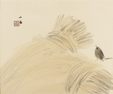 Woodblock print - Wren on corn stook, late 19th-early 20th century. Artist: Takeuchi Seiko.