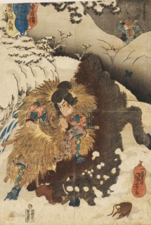 Woodblock print - Chinzei Hachiro Tametomo overthrowing a wild boar in the snowy mountains of Mashik Artist: Utagawa Kuniyoshi.