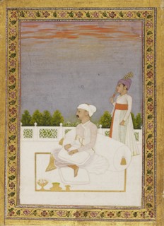 Nobleman, possibly Mir Qasim, seated on a terrace with attendant, 18th century. Artist: Nidhama.