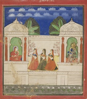 Krishna and Radha in two pavilions, 19th century. Artist: Unknown.