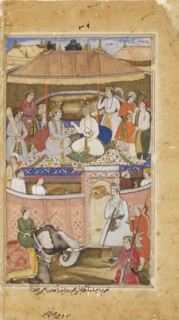 Krishna, in the guise of Indra, advises a king, 1598. Artist: Sadiqi Beg.