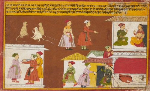Servant protecting the house where a king lies dead, from a Pancha Tantra manuscript, mid-18th centu Artist: Unknown.