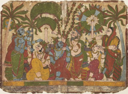 Assassin aiming an arrow at a king seated on a balcony, c1830. Artist: Unknown.