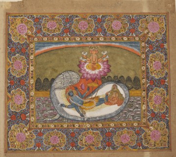 Vishnu and Lakshmi on the serpent Shesha, with Brahma on the lotus, possibly late 19th century. Artist: Unknown.