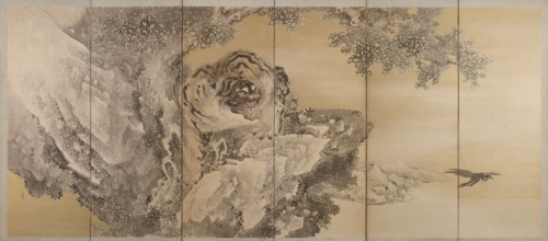 Six-fold screen depicting a roaring tiger, 1749-1838. Artist: Kishi Ganku.