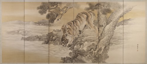 Six-fold screen depicting a drinking tiger, 1749-1838. Artist: Kishi Ganku.