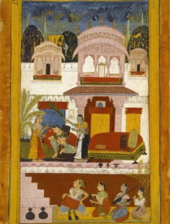 Forlorn lady with maids, illustrating the musical mode Patamanjari Ragini, 1695-1700. Artist: Unknown.