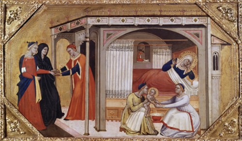 The Birth of the Virgin Mary, c1365-1370. Artists: Master of Ashmolean Predella, Andrea di Cione.