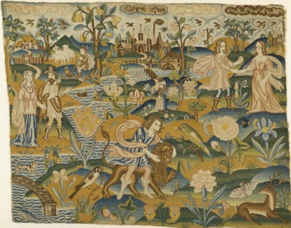 Embroidered picture: Man with a Lion in a Landscape with two Couples, 2nd half of the 17th century Artist: Unknown.