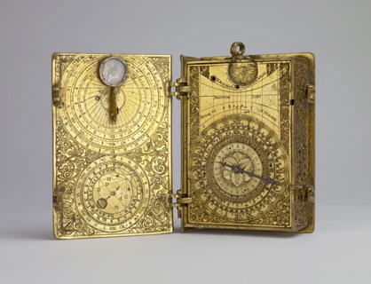 Gilt-brass cased clock-watch with alarm, sundials and lunar volvelle in the form of a book, c1580. Artist: Hans Kock.