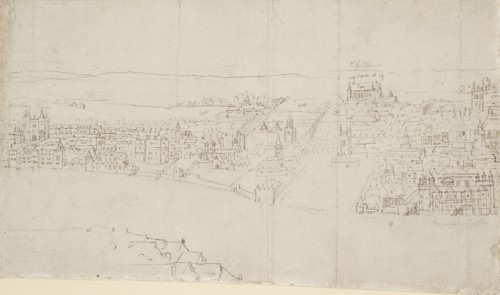 Panorama of London as seen from Southwark: Durham House to Barnard's Castle, 1554. Artist: Anthonis van den Wyngaerde.