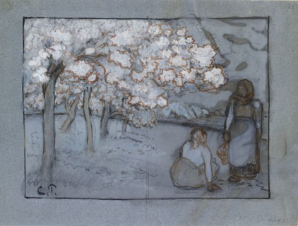 Compositional study of two female peasants conversing in an orchard, c1894. Artist: Camille Pissarro.
