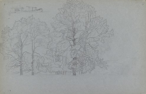 Study of trees, with a slight study of a barge, 1859. Artist: Camille Pissarro.