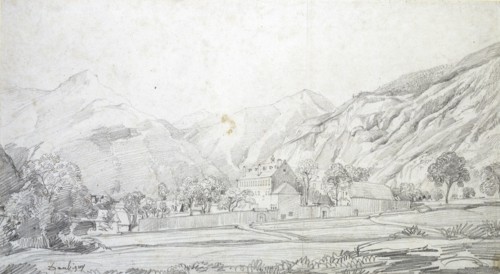 View of Buildings in a walled Enclosure with Mountains in the Background, mid 19th century. Artist: Charles Francois Daubigny.