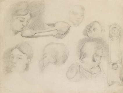 Studies of a Child's Head, a Woman's Head, a Spoon, and a longcase Clock, c1872. Artist: Paul Cezanne.