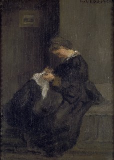 Mme Pissarro sewing, c1860. Dimensions: height x width x depth: 16 x 11 cm