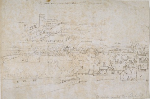 Sheet of studies of the Palaces of Hampton Court, Richmond and surrounding Countryside, c1560s.. Artist: Anthonis van den Wyngaerde.