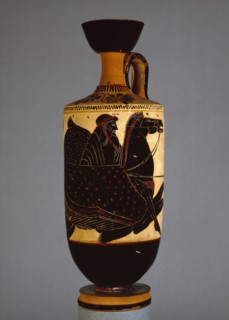 Athenian white-ground lekythos showing Poseidon on sea-horse (hippocampos), 6th - 5th century BC. Artist: Athena Painter.