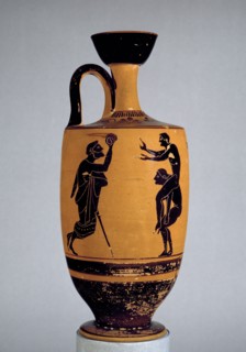 Athenian black-figure lekythos depciting ball game, 6th-5th century BC. Artist: Edinburgh Painter.