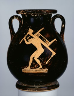 Attic Red-Figure pelike with youth carrying couch and table and man, c480 BC. Artist: Pan Painter.