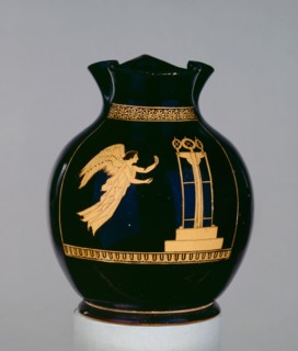 Attic red-figure wine jug (oinochoe), Nike with ribbon flying towards a tripod, 5th century BC, Artist: Calliope Painter.