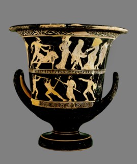 Attic red-figure calyx-crater with two superimposed image friezes, 425BC. Artist: Dinos Painter.