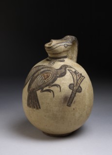 Squat bichrome jug in free-field style with image of bird picking a lotus, c750-480BC. Artist: Unknown.