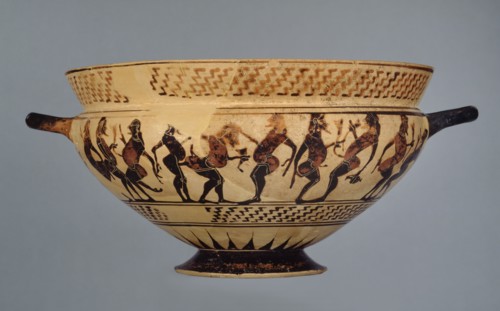 Middle Corinthian cup (skyphos) with a frieze of ithyphallic naked dancers, c600-575BC. Artist: Unknown.
