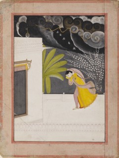 Lady on a terrace seeking shelter from the rains, early 19th century. Artist: Unknown.