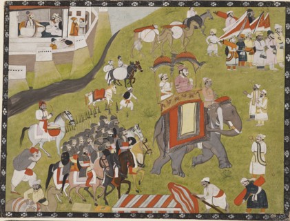 Procession of a Raja on elephant with armed escort and retainers, late 19th century. Artist: Unknown.
