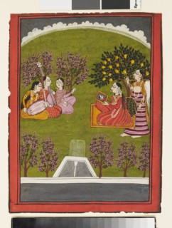A lady seated with a mirror in a garden, with a maid and three musicians, c1919. Artist: Unknown.