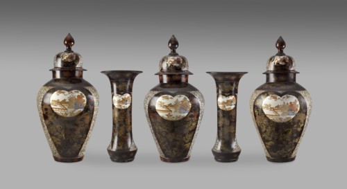 Lidded jar with panels depicting temple buildings among trees, 1701-1720. Artist: Unknown.