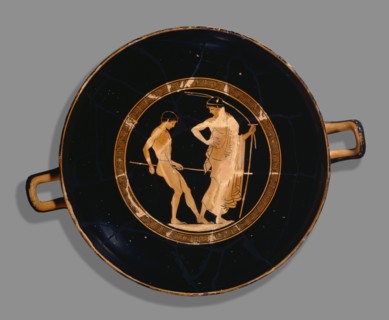 Attic red-figure cup of boy athlete and trainer, 480 BC. Artist: Antiphon Painter.