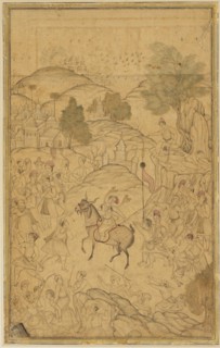 Crowd scene with mounted figure, 16th century. Artist: Unknown.