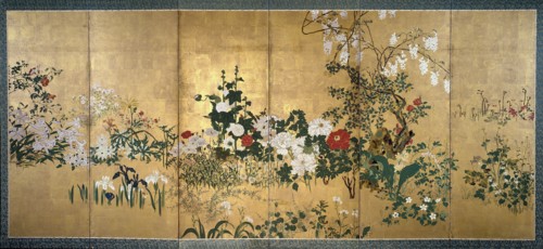 Screen with spring and summer flowers, early 18th century. Artists: Unknown, Watanabe Shiko.