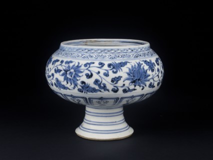 Blue-and-white stem bowl with lotus flowers and mandarin ducks, mid-14th century. Artist: Unknown.
