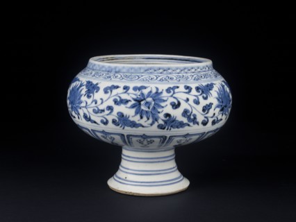 Blue-and-white stem bowl with lotus flowers and mandarin ducks, mid-14th century. Artist: Unknown.