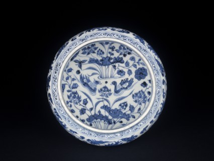 Blue-and-white stem bowl with lotus flowers and mandarin ducks, mid-14th century. Artist: Unknown.