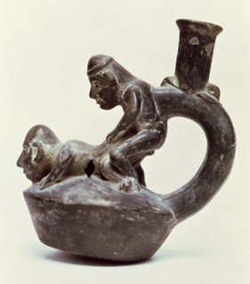Anthropomorphic Vase with stirrup handle depicting two male persons performing a sex act, belongi?