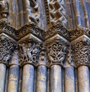 Capitals with arabesque ornamentation on the doorway of the church of Santa Maria de Agramunt.